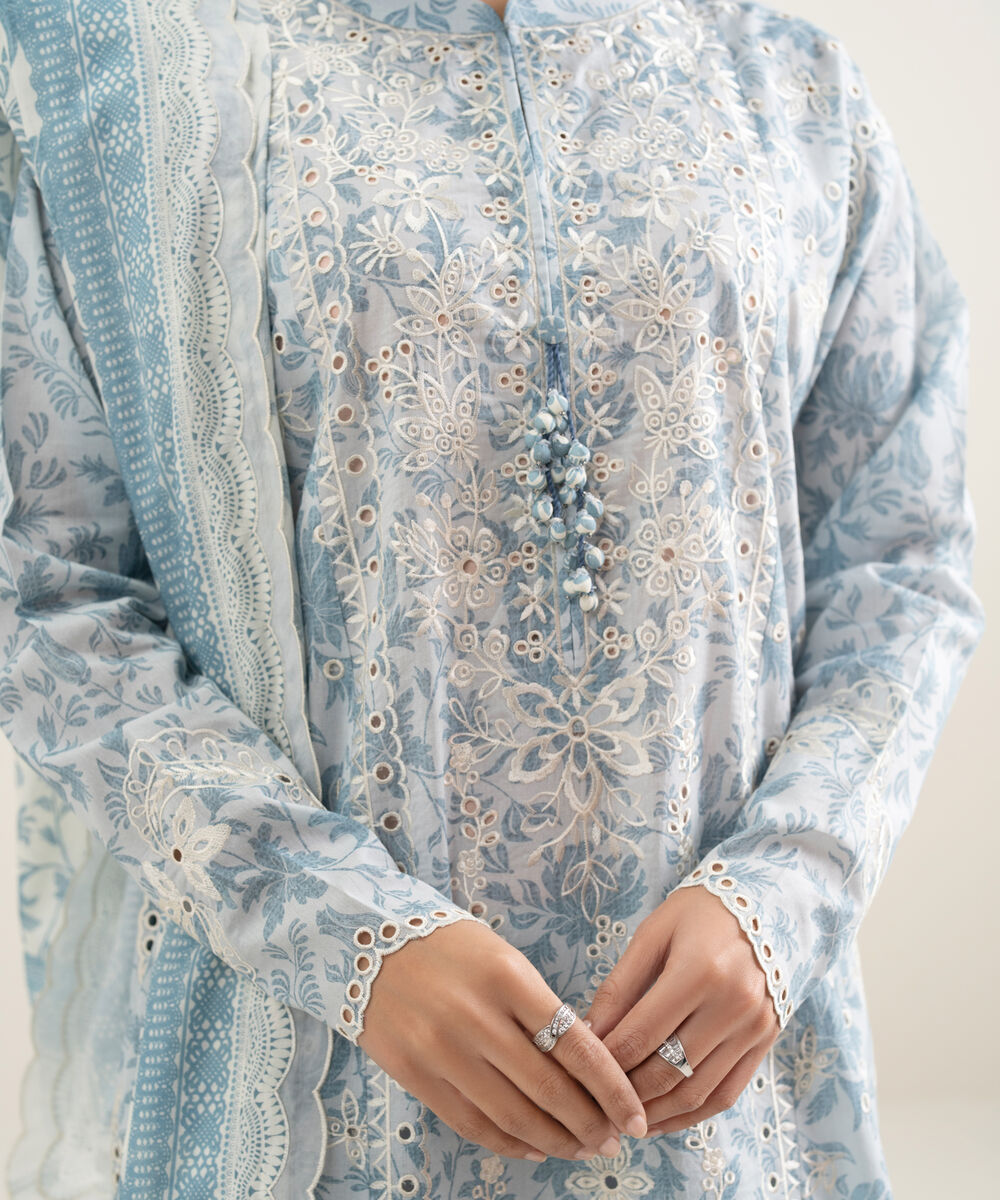 Women's Unstitched Lawn Embroidered ice Blue 3 Piece Suit