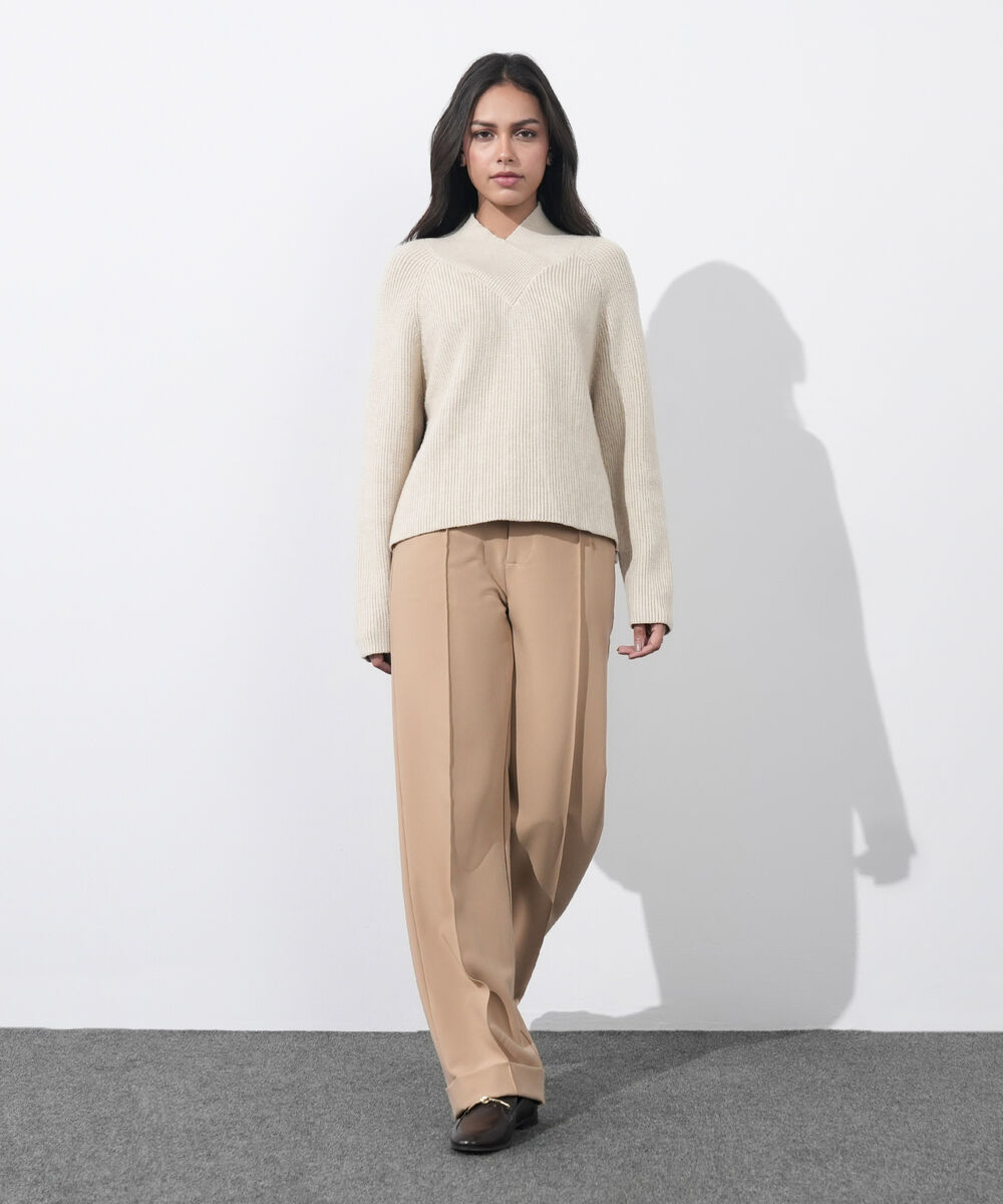 Women's Western Wear Almond Cross-Over High Neck Sweater