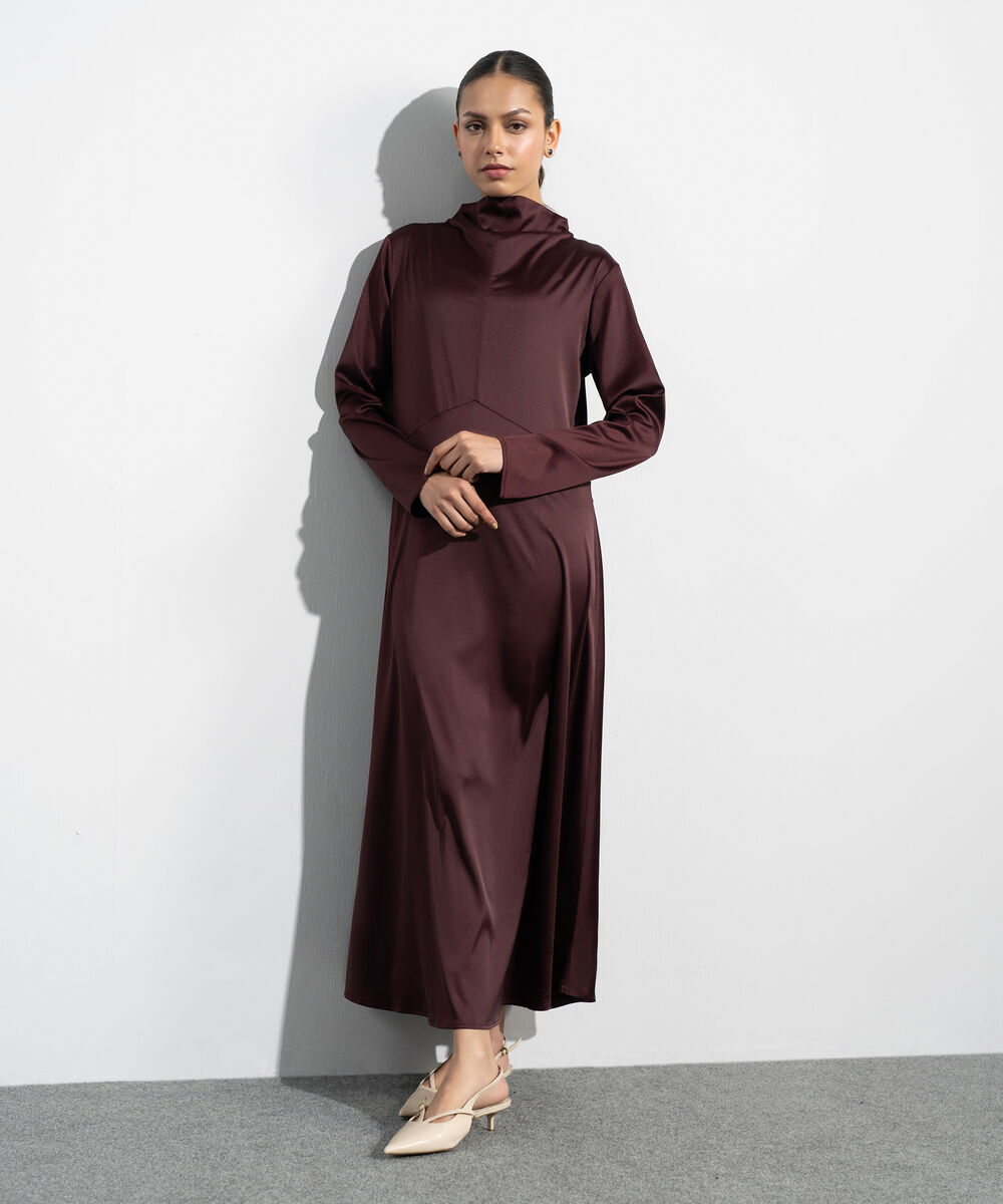 Women's Western Maroon Polka Dot Satin Dress