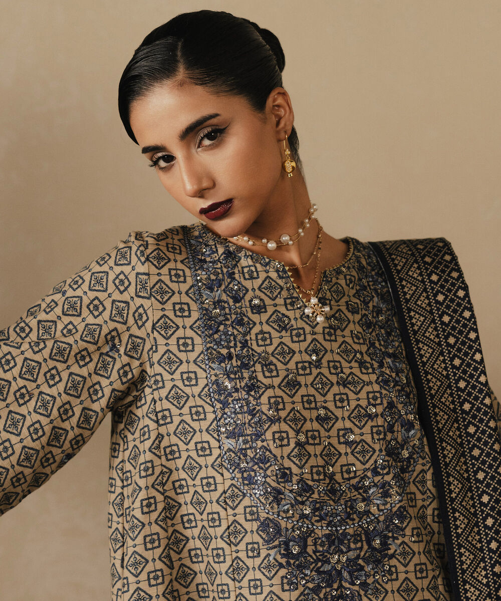 Women's Unstitched Embroidered Khaddar Beige 3 Piece Suit