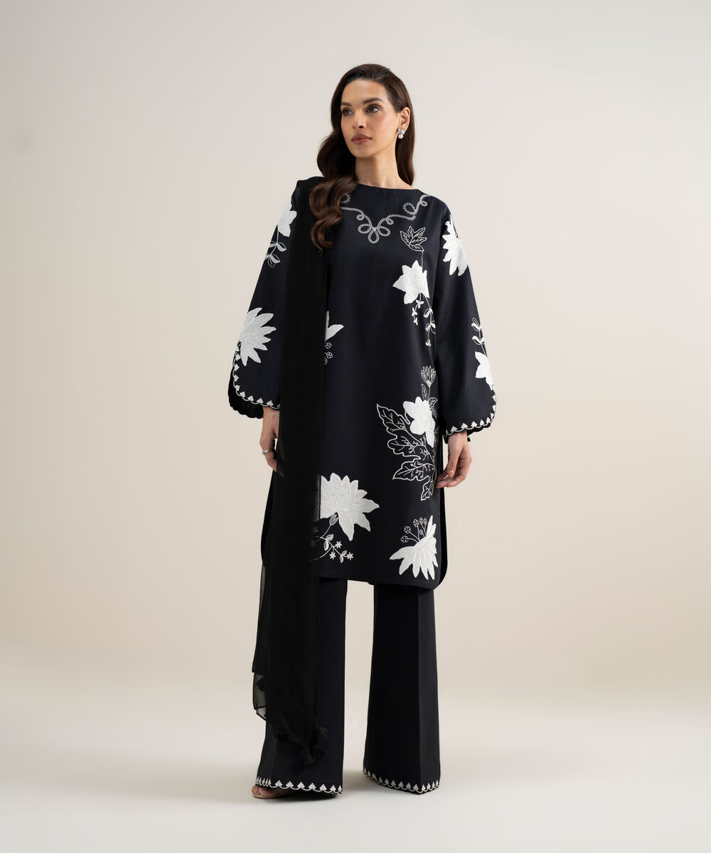 Women's Unstitched Textured Lawn Embroidered Black 3 Piece Suit