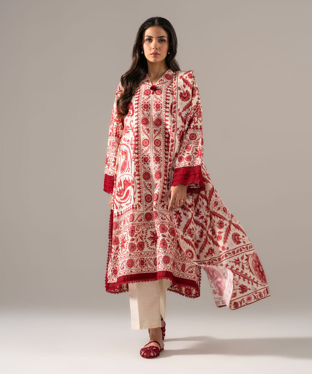 Women's RTW Khaddar Printed Off White 3 Piece Suit