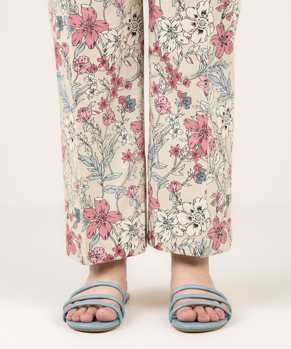 Women's RTW Cambric Printed Off White Straight Pants