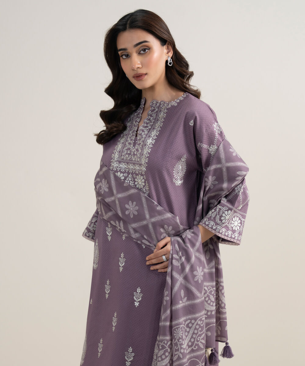 Women's Unstitched Dobby Embroidered Purple 3 Piece Suit