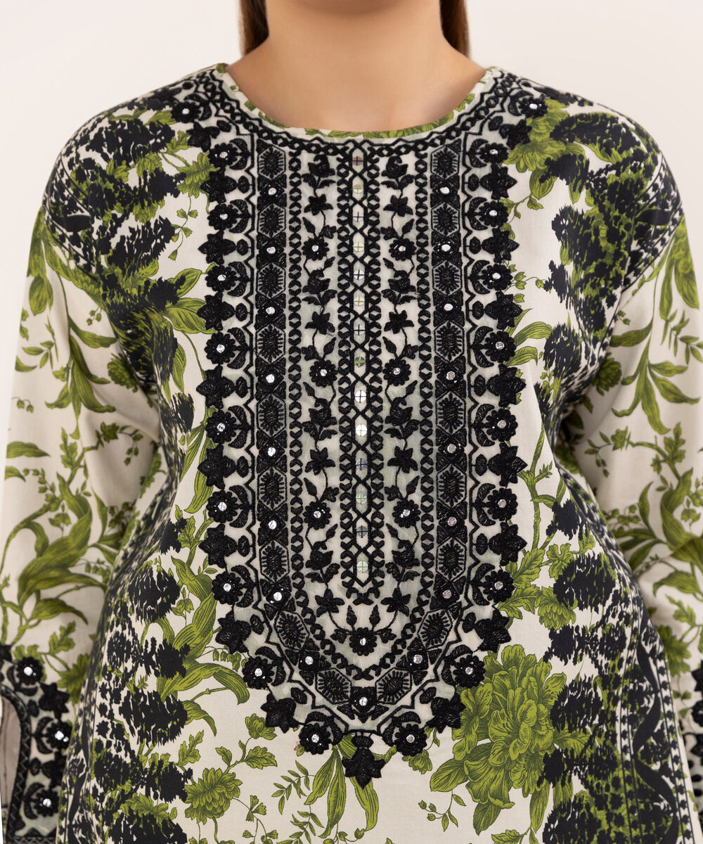 Women's Unstitched Cotton Embroidered Multi Three Piece Suit