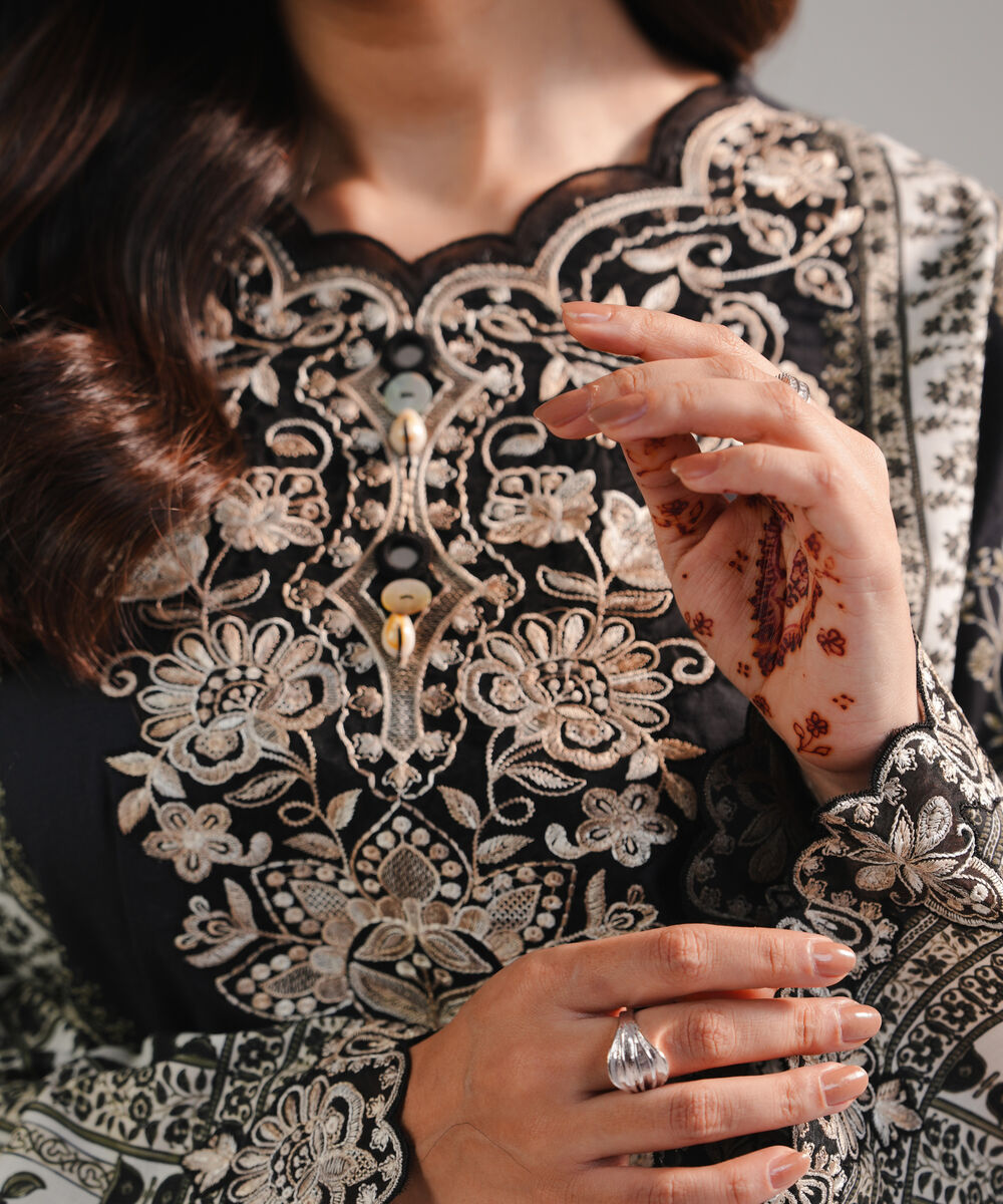 Women's RTW Cambric Embroidered Black Drop Shoulder Shirt