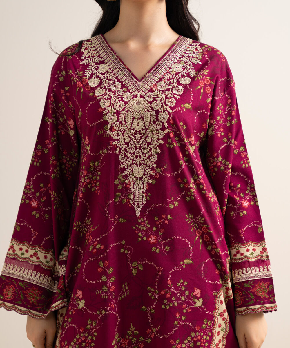 Women's Unstitched Printed Cotton Viscose Burgundy 3 Piece Suit