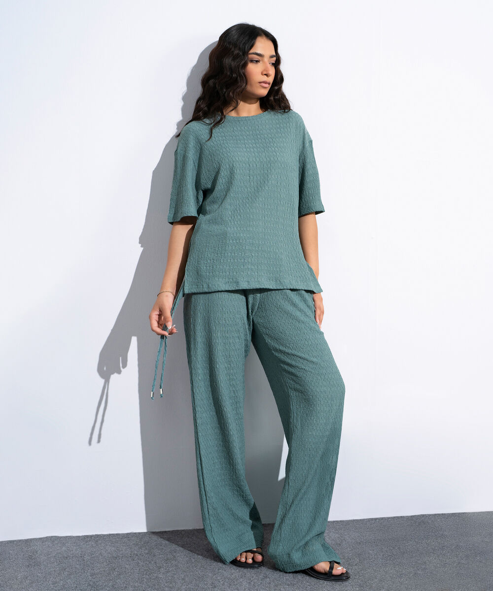 Women's Teal Green Pull-On  Textured Trousers With Tie Detail