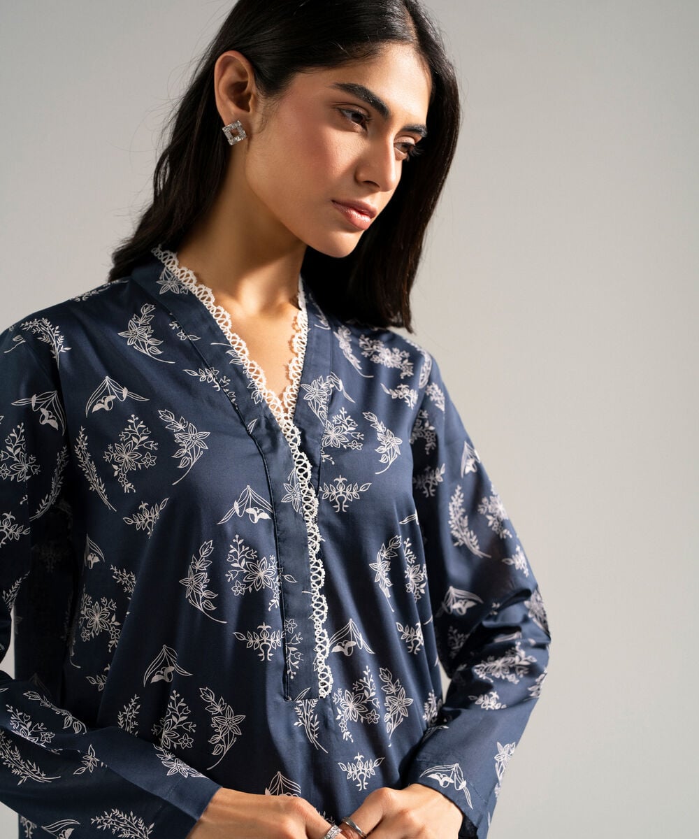 Women's RTW Lawn Printed Blue Straight Shirt