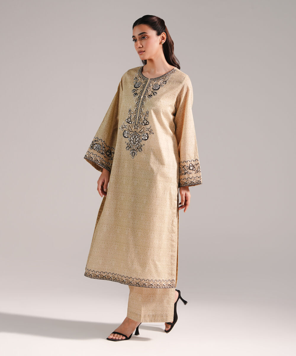 Women's RTW Lawn Embroidered Beige 2 Piece Suit