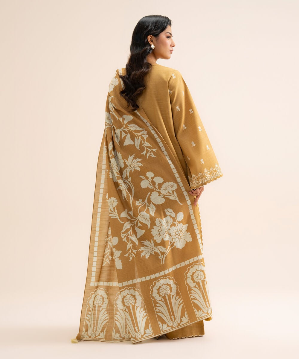 Women's Unstitched Light Khaddar Embroidered Mustard 3 Piece Suit