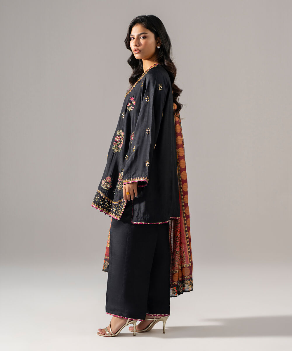 Women's RTW Bright Raw Silk Embroidered Black 3 Piece Suit
