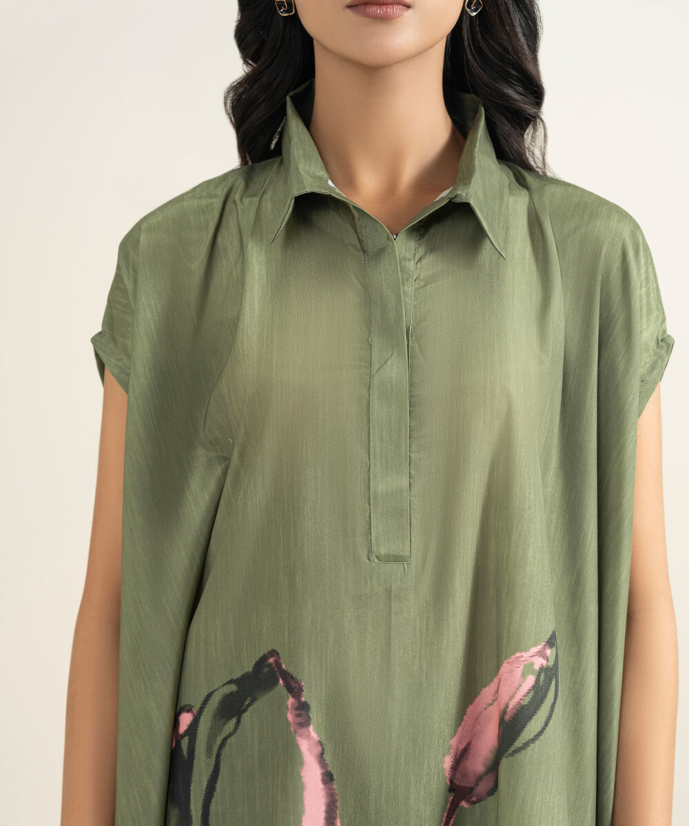 Women's RTW Blended Grip Silk Printed Green 2 Piece Suit