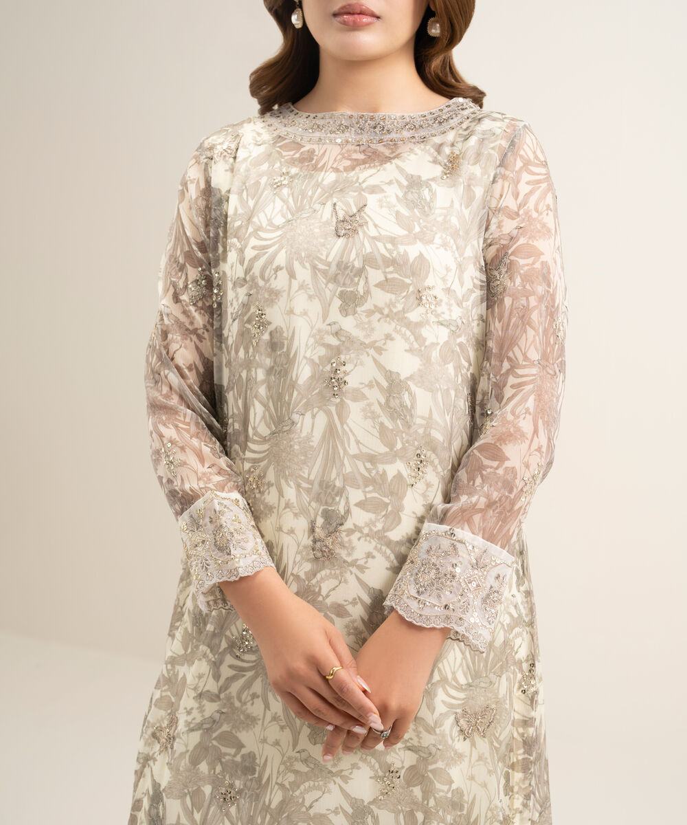 Women's RTW Blended Chiffon Embroidered Off White 2 Piece Suit