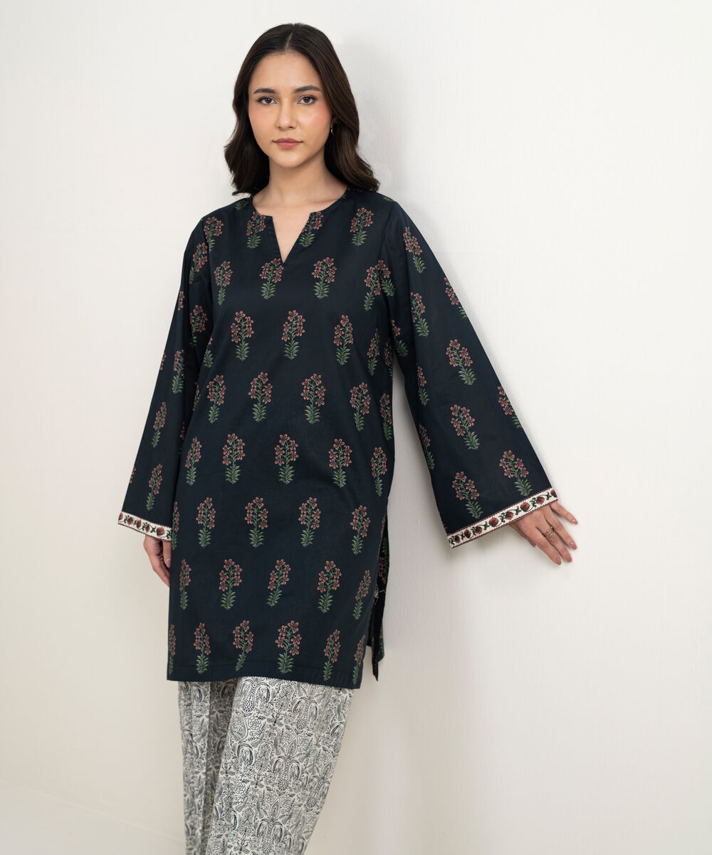 Women's RTW Lawn Printed Black Straight Shirt