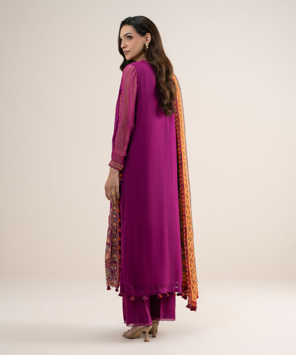 Women's Unstitched Embroidered Blended Chiffon Purple 3 Piece Suit