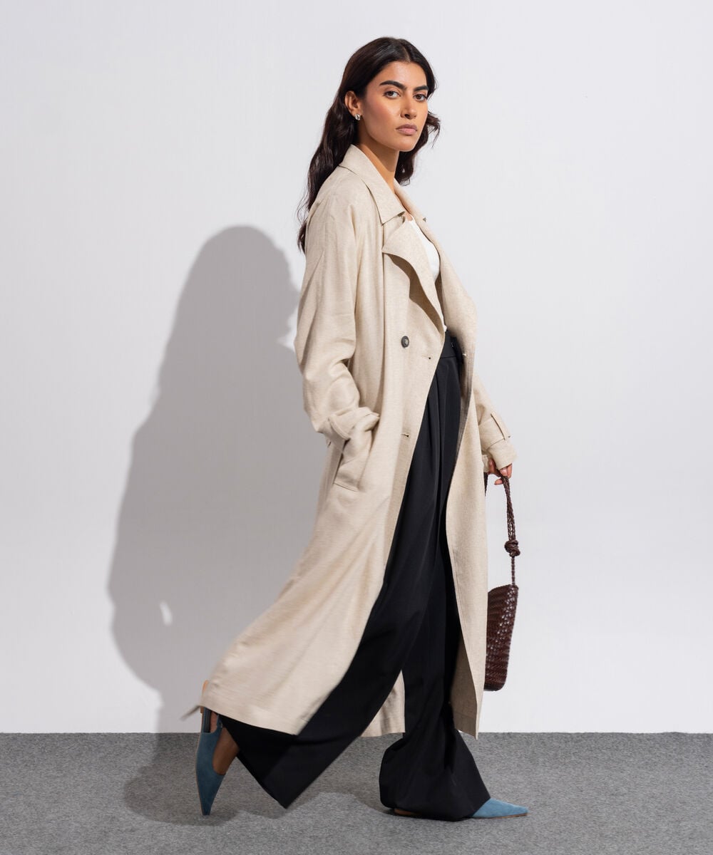 Women's Western Wear Linen Blended Beige Trench Coat