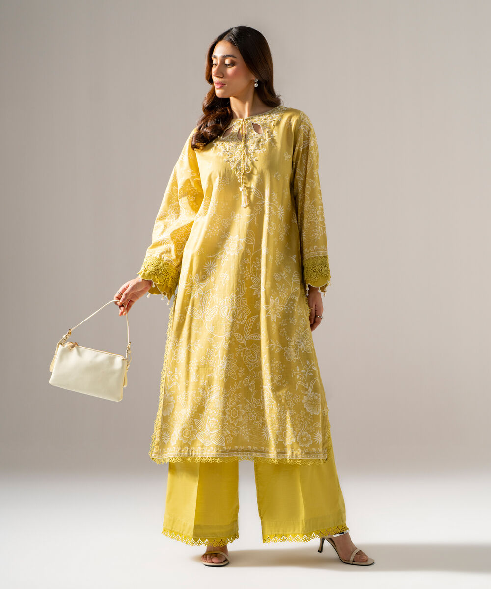 Women's RTW Cross Hatch Printed Pale Yellow Straight Shirt