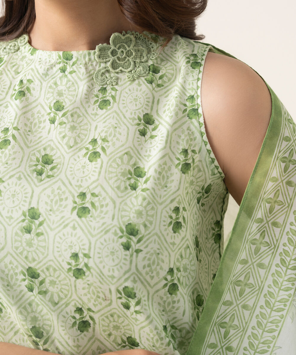 Women's Unstitched Lawn Printed Green 3 Piece Suit