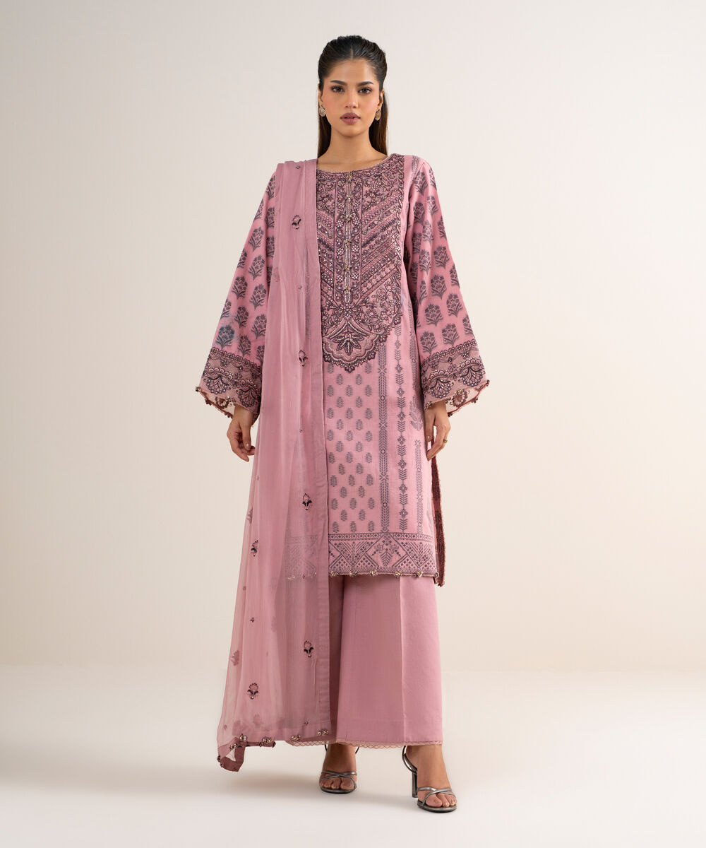 Women's Unstitched Extra Weft Jacquard Embroidered Pink
