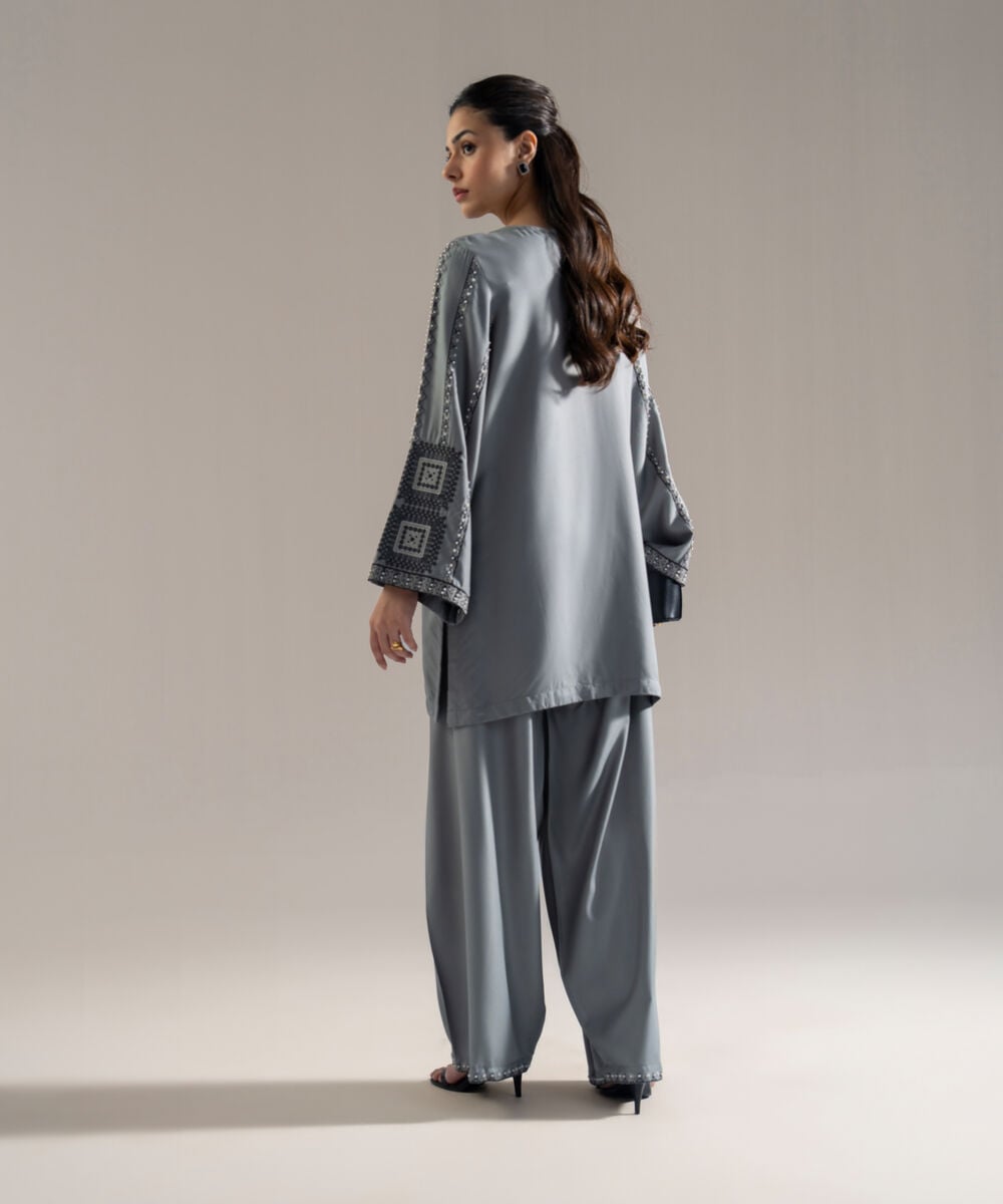 Women's RTW Bedford Solid Embroidered Grey Drop Shoulder Shirt