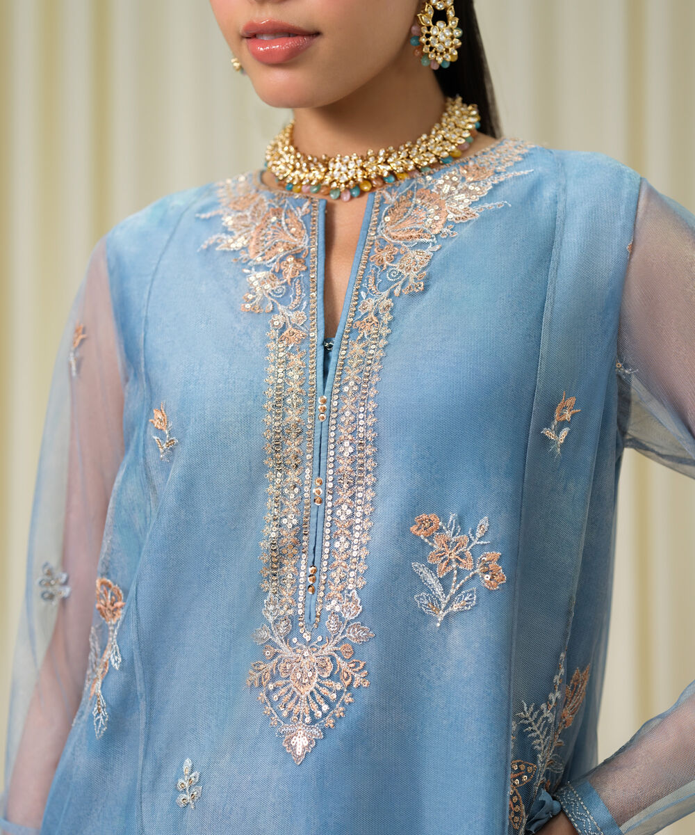 Women's Unstitched Blended Net Embroidered Blue 3 Piece Suit
