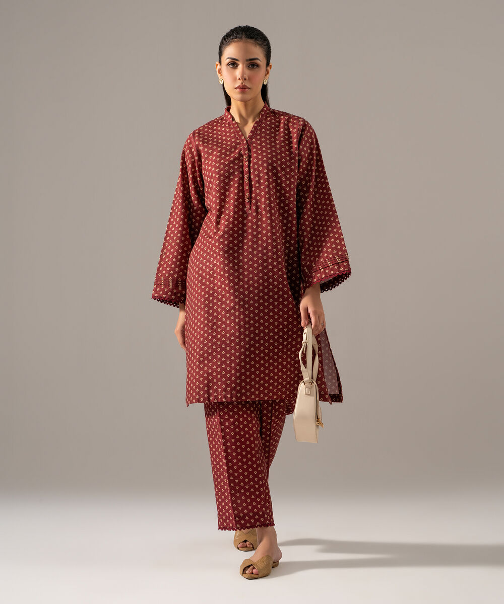 Women's RTW Khaddar Printed Maroon 2 Piece Suit