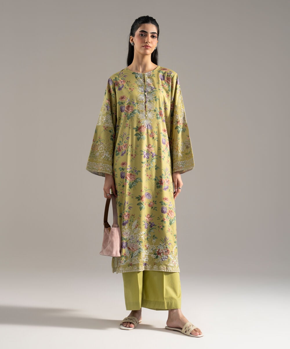 Women's RTW Cotton Viscose Printed Embroidered Yellow 2 Piece Suit