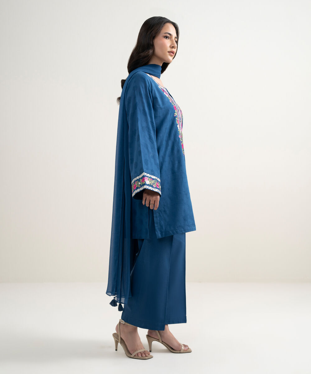 Women's RTW Self Jacquard Embroidered Blue 3 Piece Suit