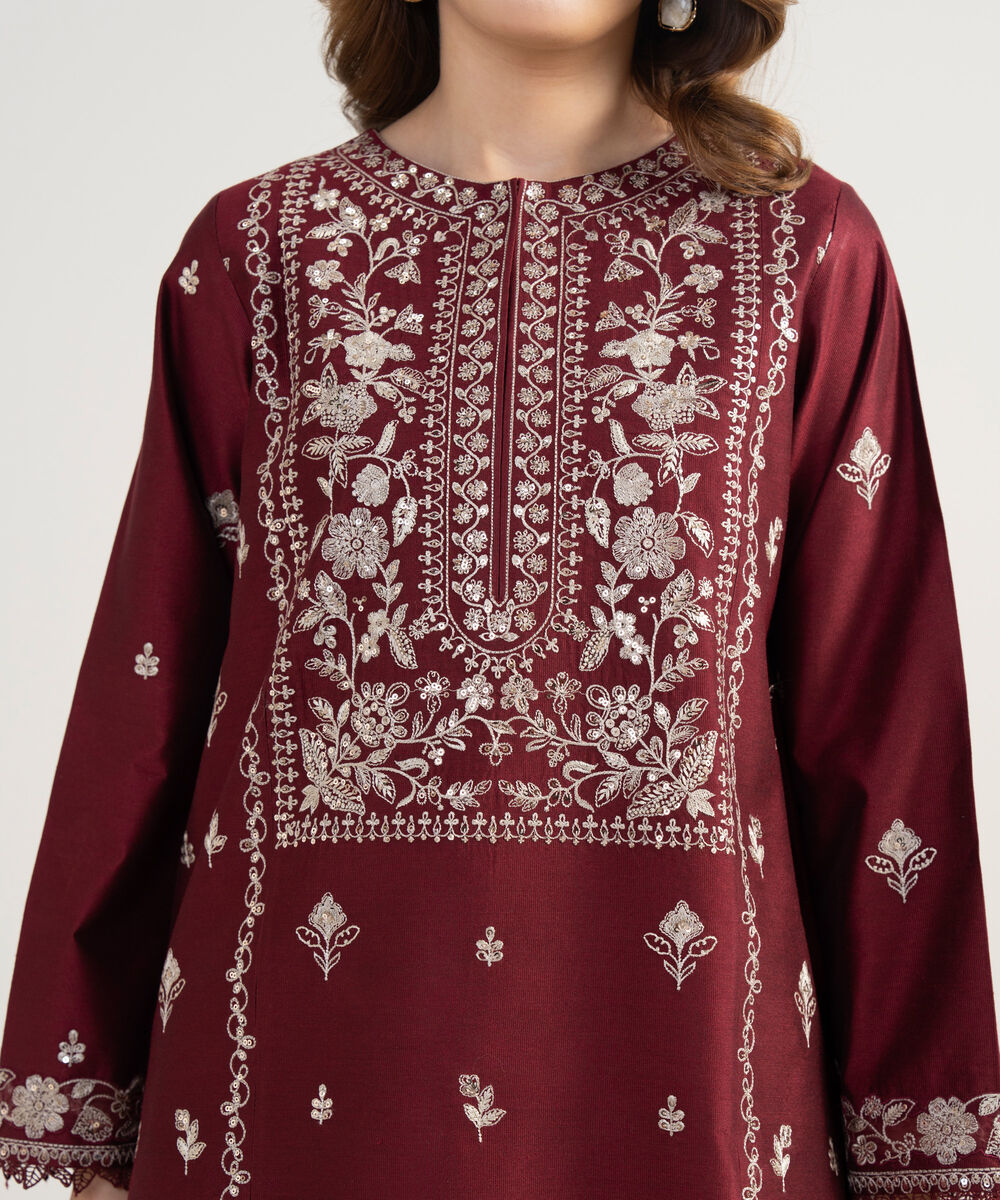 Women's Unstitched Cotton Net Embroidered Red 3 Piece Suit