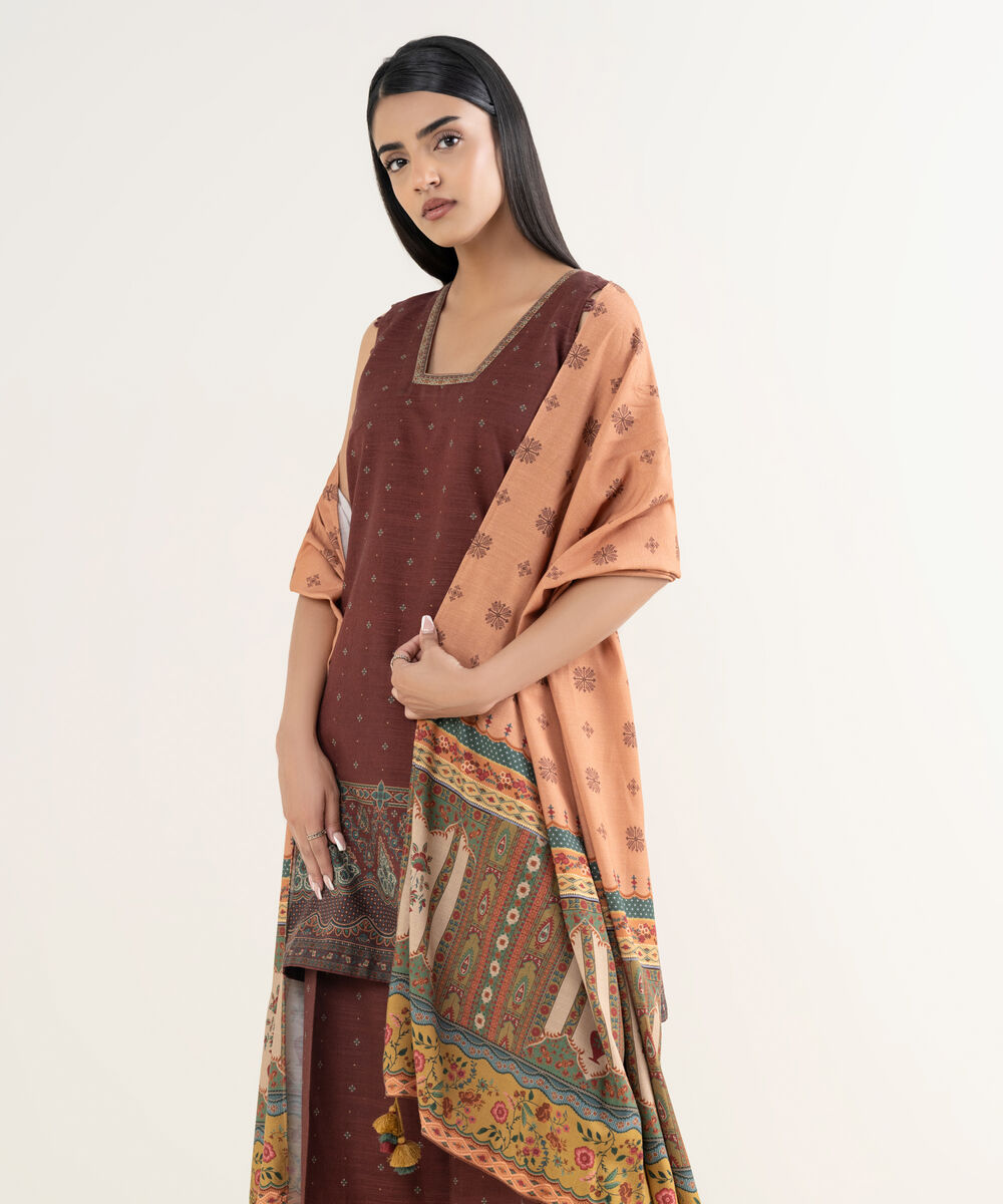 Women's Unstitched Printed Khaddar Maroon 3 Piece Suit