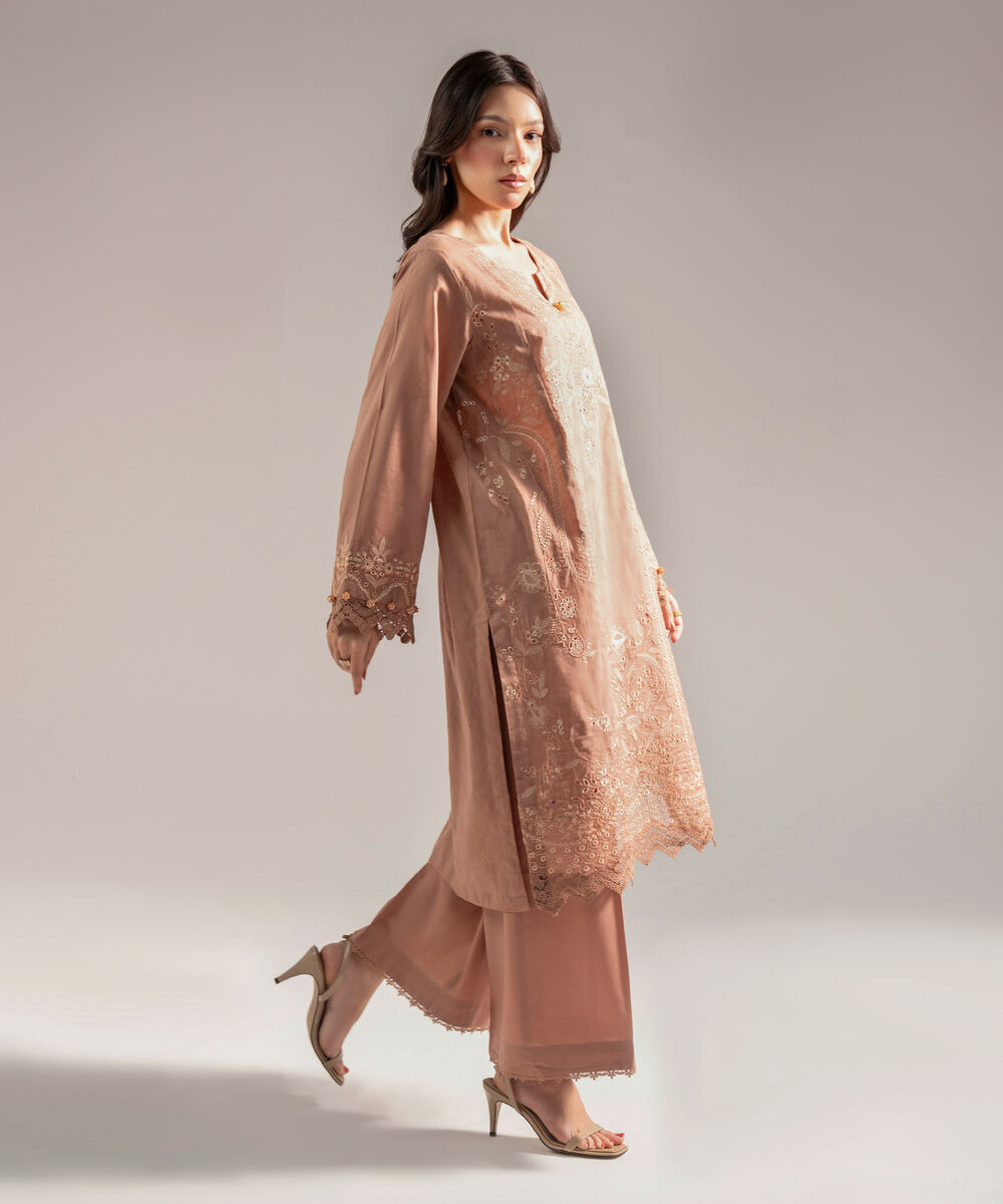 Women's RTW Self Jacquard Embroidered Straight Dark Beige Shirt