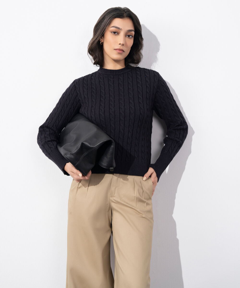 Women's Western Wear Dark Blue Cable Knit Sweater