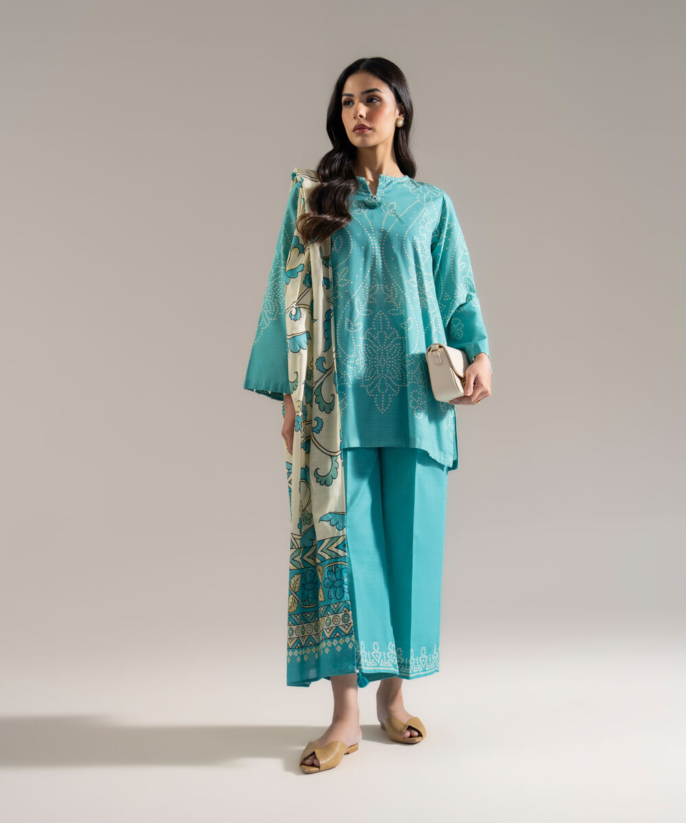 Women's RTW Khaddar Printed Blue 3 Piece Suit