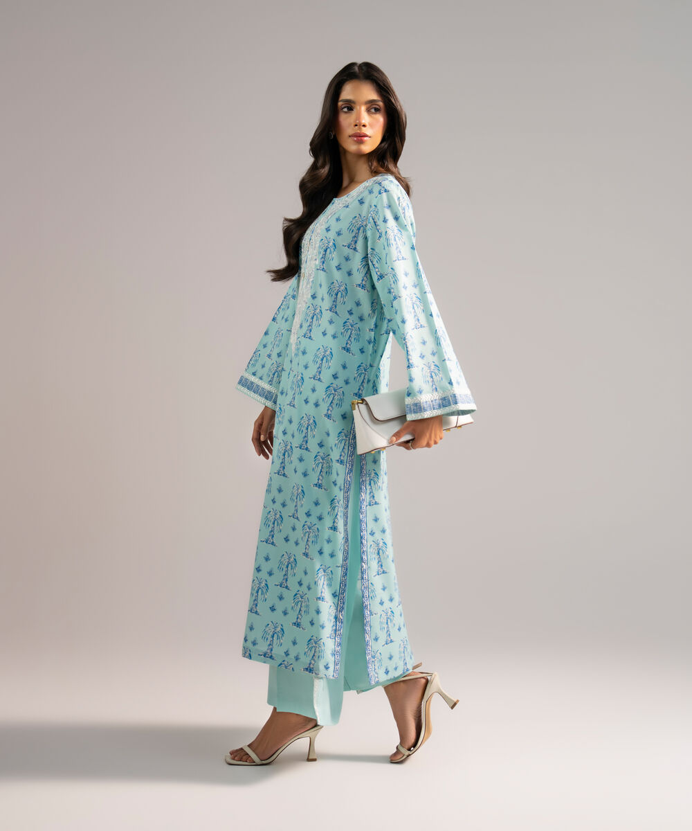 Women's RTW Cotton Viscose Embroidered Light Blue A-Line Shirt