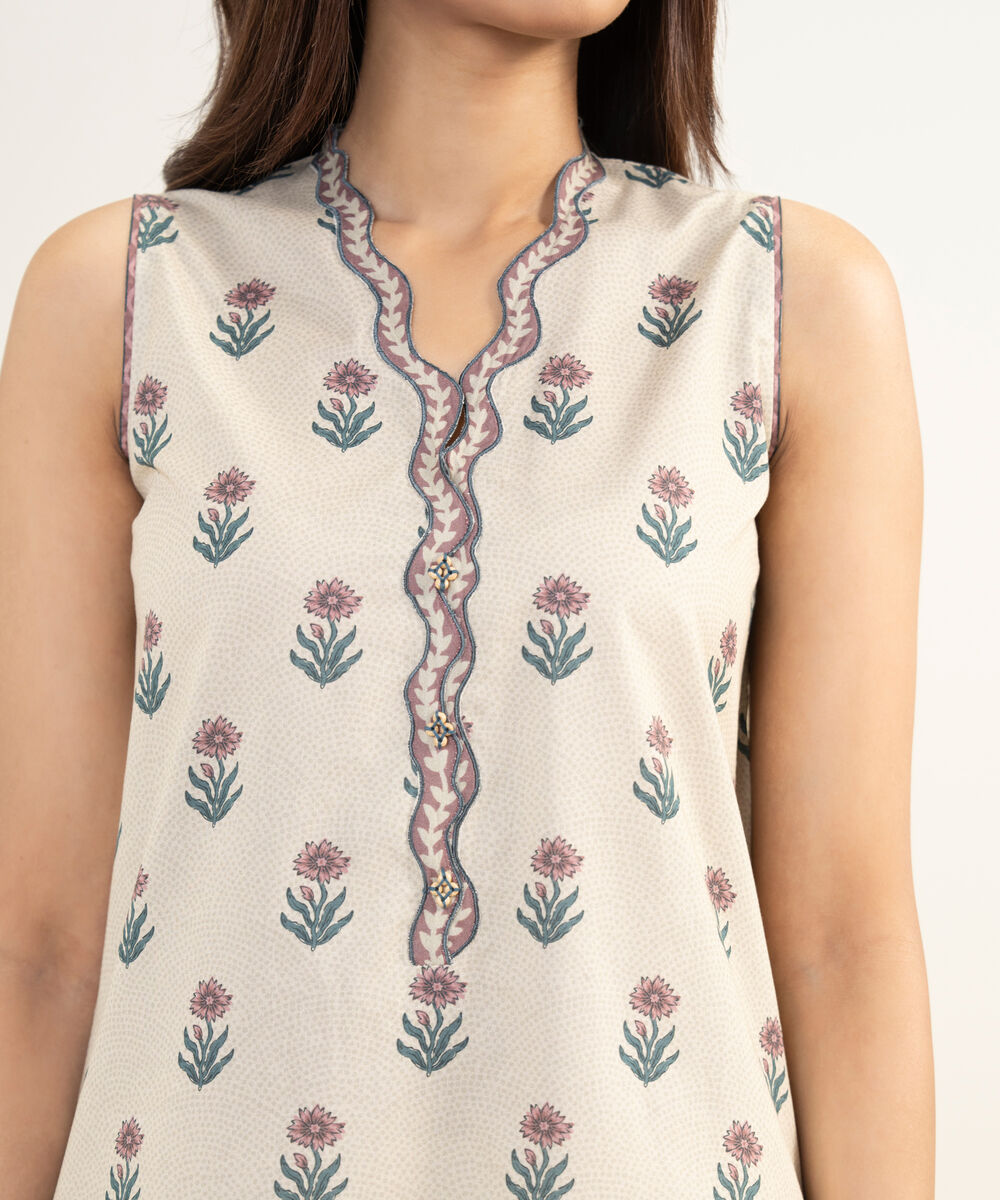 Women's Unstitched Lawn Printed Beige 3 Piece Suit