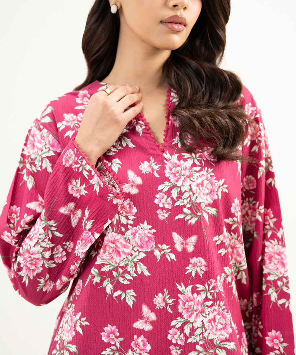 Women's RTW Seersucker Printed Dark Pink Straight Shirt