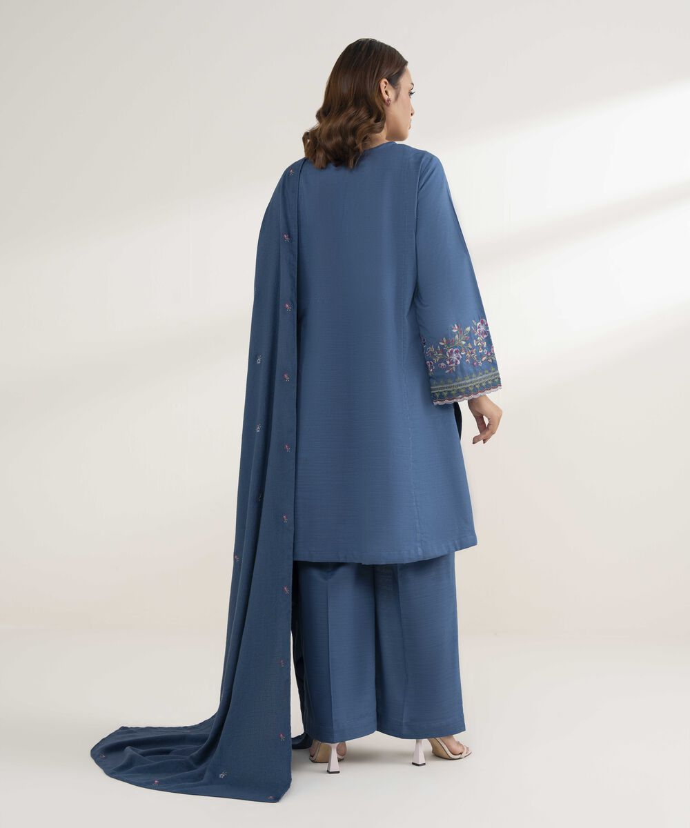 Women's Unstitched Embroidered Khaddar Teal Blue 3 Piece Suit