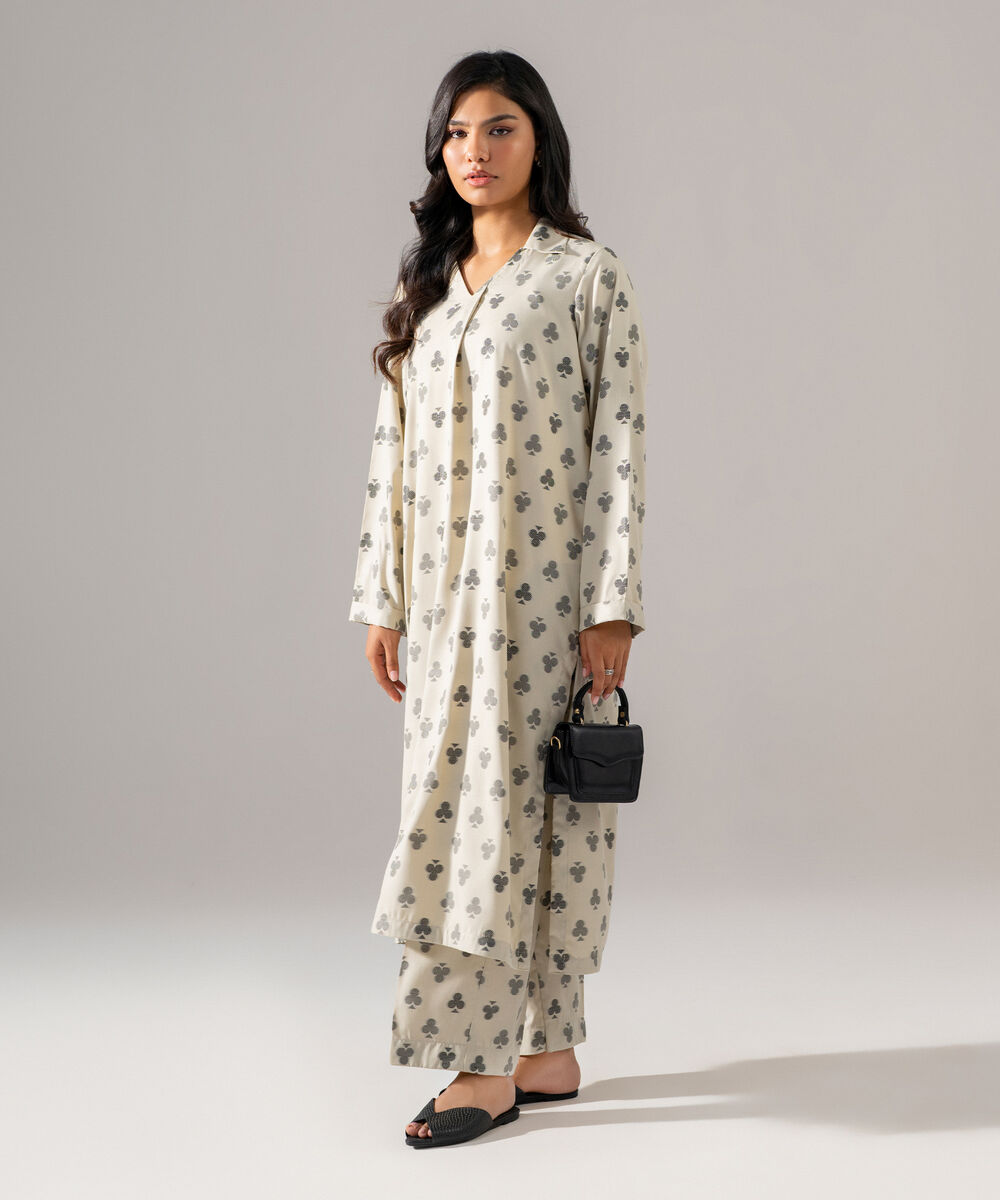 Women's RTW PV Jacquard Solid Beige 2 Piece Suit