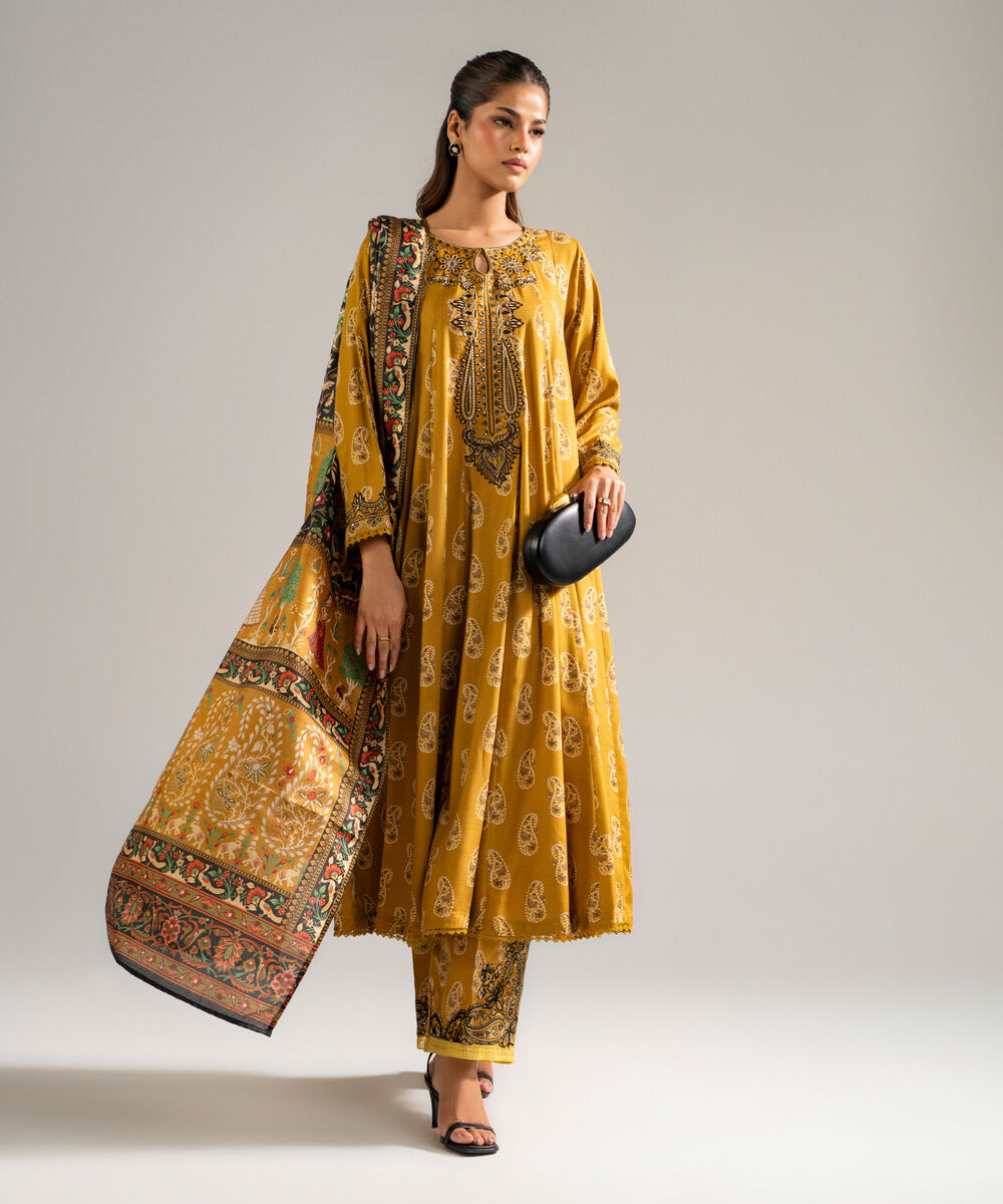 Women's RTW Arabic Dobby Embroidered Mustard Brown 3 Piece Suit