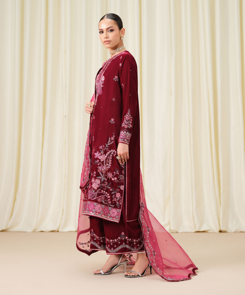 Women's Unstitched Embroidered Velvet Brown 3 Piece Suit