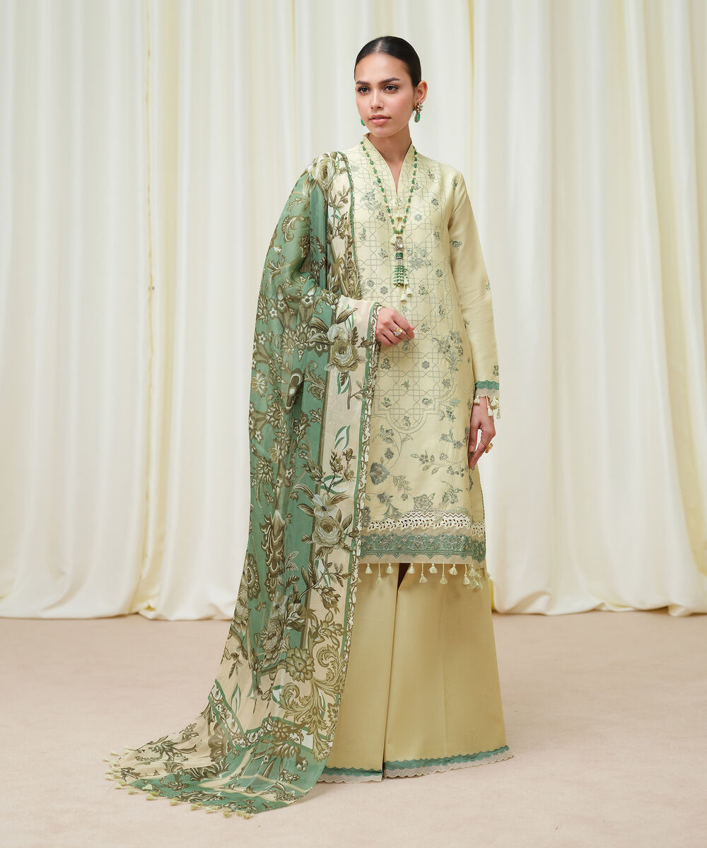 Women's Unstitched Fine Cotton Satin Embroidered Off White 3 Piece Suit