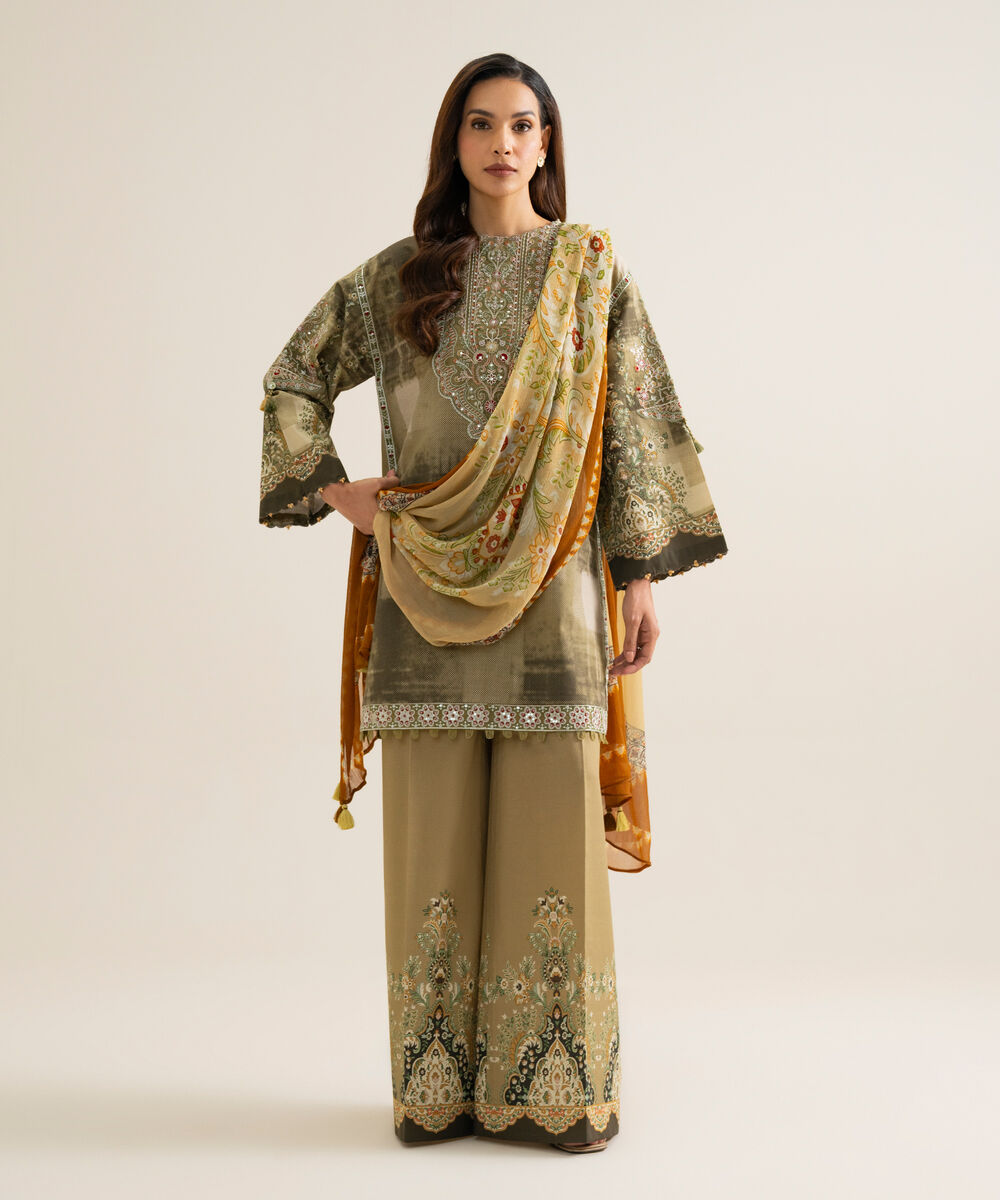 Women's Unstitched Blended Chiffon Printed Green 3 Piece Suit
