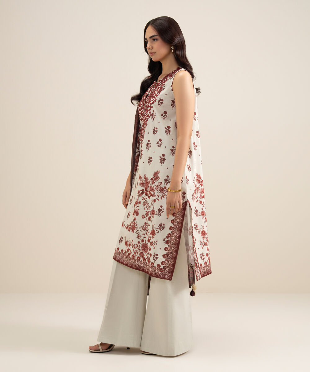 Women's Unstitched Lawn Embroidered Off White and Red 3 Piece Suit