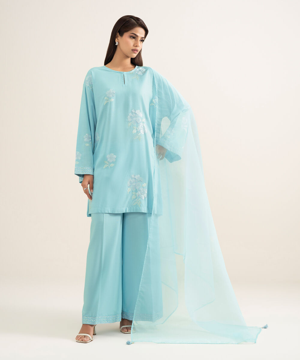 Women's RTW Cotton Viscose Embroidered Blue Straight Shirt