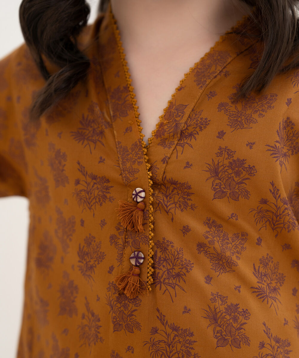 Girl's Cotton Viscose Printed Brown 2 Piece Suit