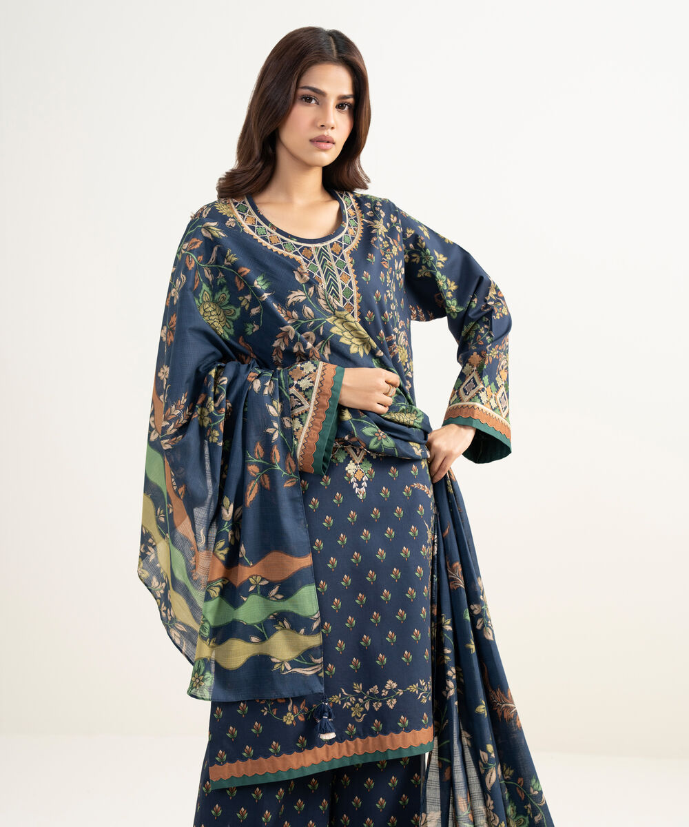 Women's Unstitched Lawn Embroidered Blue 3 Piece Suit