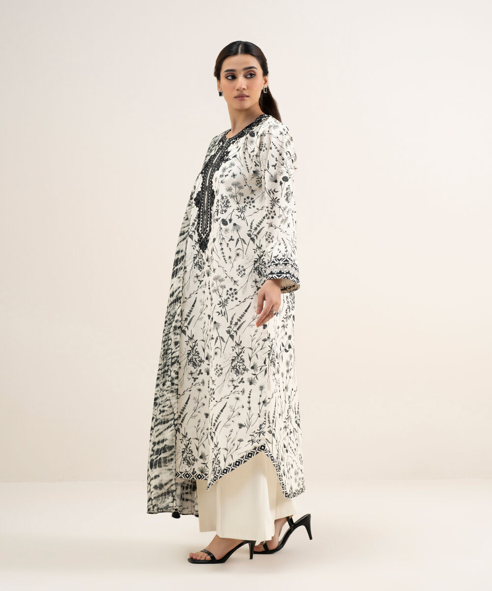 Women's Unstitched Lawn Embroidered Off White 3 Piece Suit