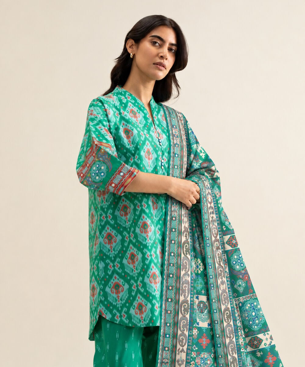Women's Unstitched Cotton Printed Blue 3 Piece Suit