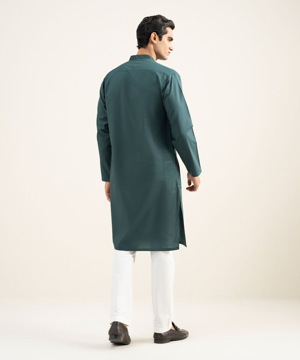 Men's Stitched Cotton Jacquard Sage Blue Kurta